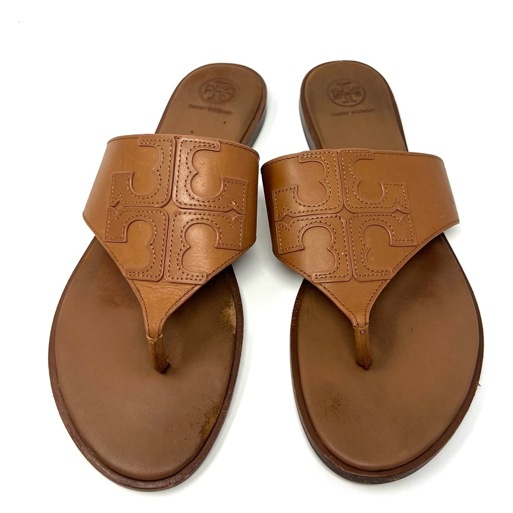 Tory Burch JAMIE Full Logo Thong Sandals BROWN LEATHER US 10M